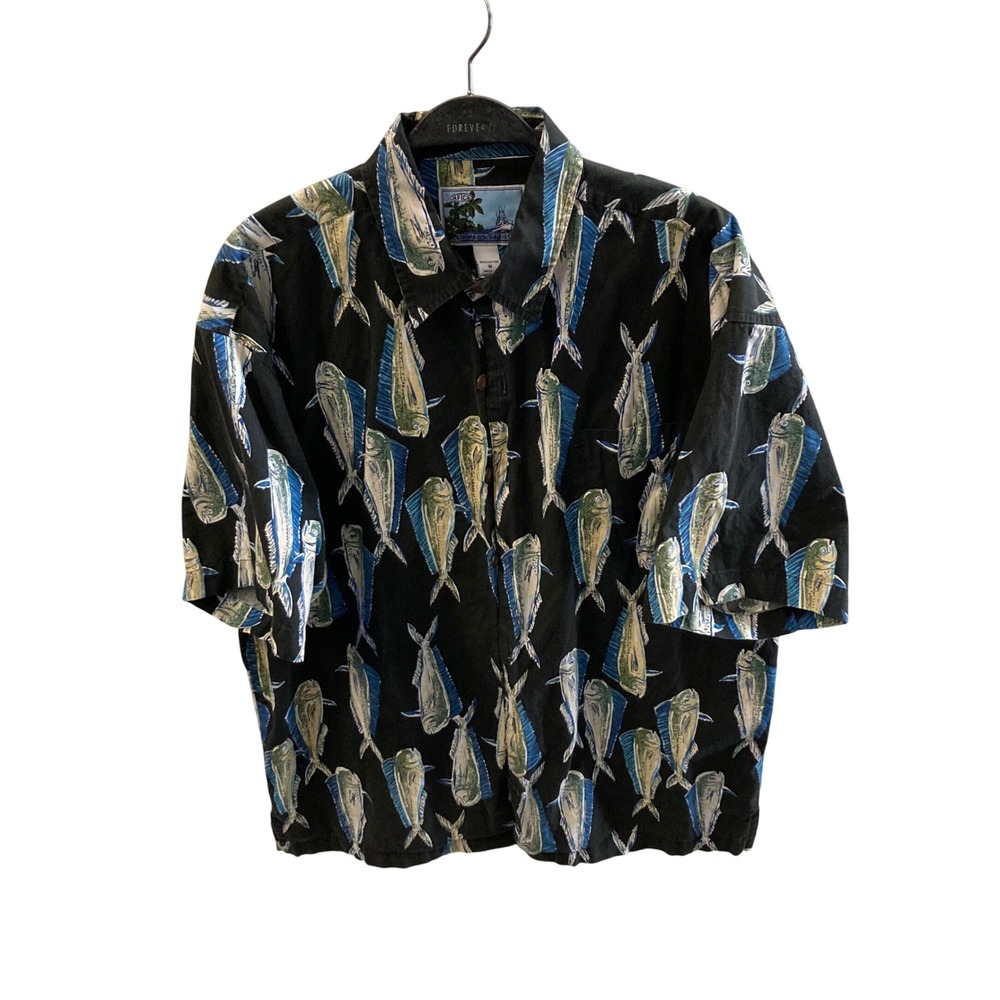 AFTCO Blue Water Mens Mahi Mahi Fish Print Shirt Black Short Sleeve Cotton M